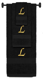 Black monogrammed towel set with Gold thread, Chancery font, initial L - 540 GSM cotton 3-piece