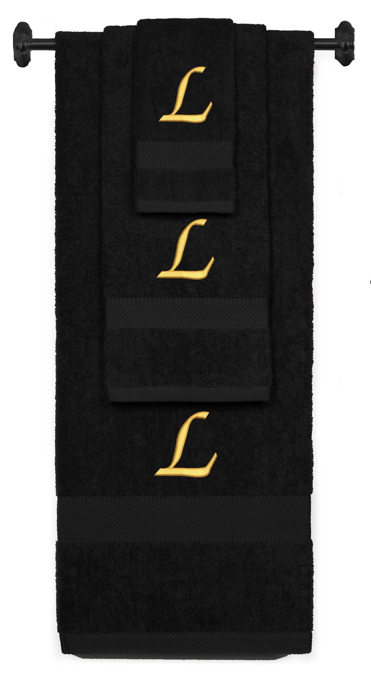 Black monogrammed towel set with Gold thread, Chancery font, initial L - 540 GSM cotton 3-piece