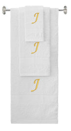 White monogrammed towel set with Gold thread, Chancery font, initial J - 540 GSM cotton 3-piece