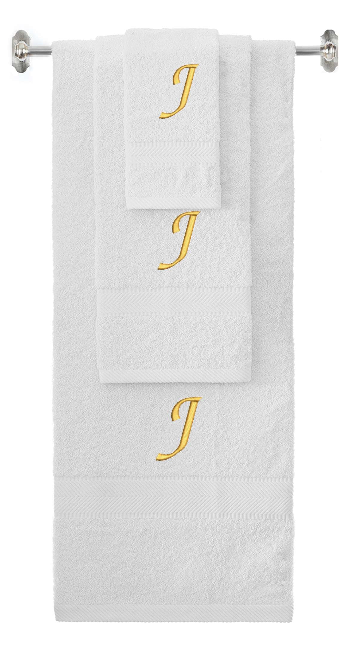White monogrammed towel set with Gold thread, Chancery font, initial J - 540 GSM cotton 3-piece