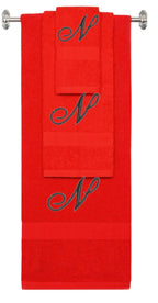 Red monogrammed towel set with Black thread, Diana Script font, initial N - 540 GSM cotton 3-piece