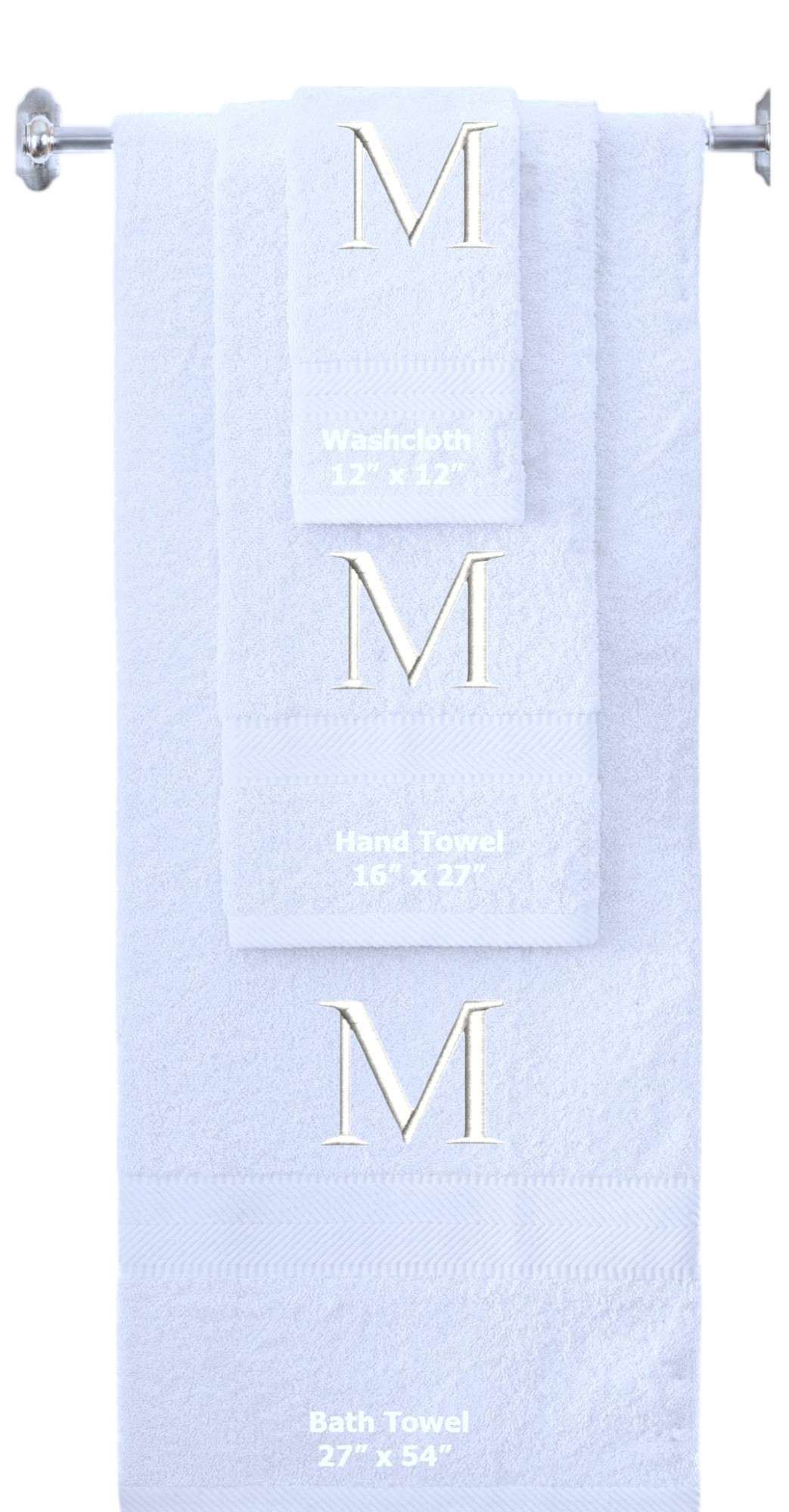 White monogrammed towel set with White thread, Times New Roman font, initial M - 540 GSM cotton 3-piece
