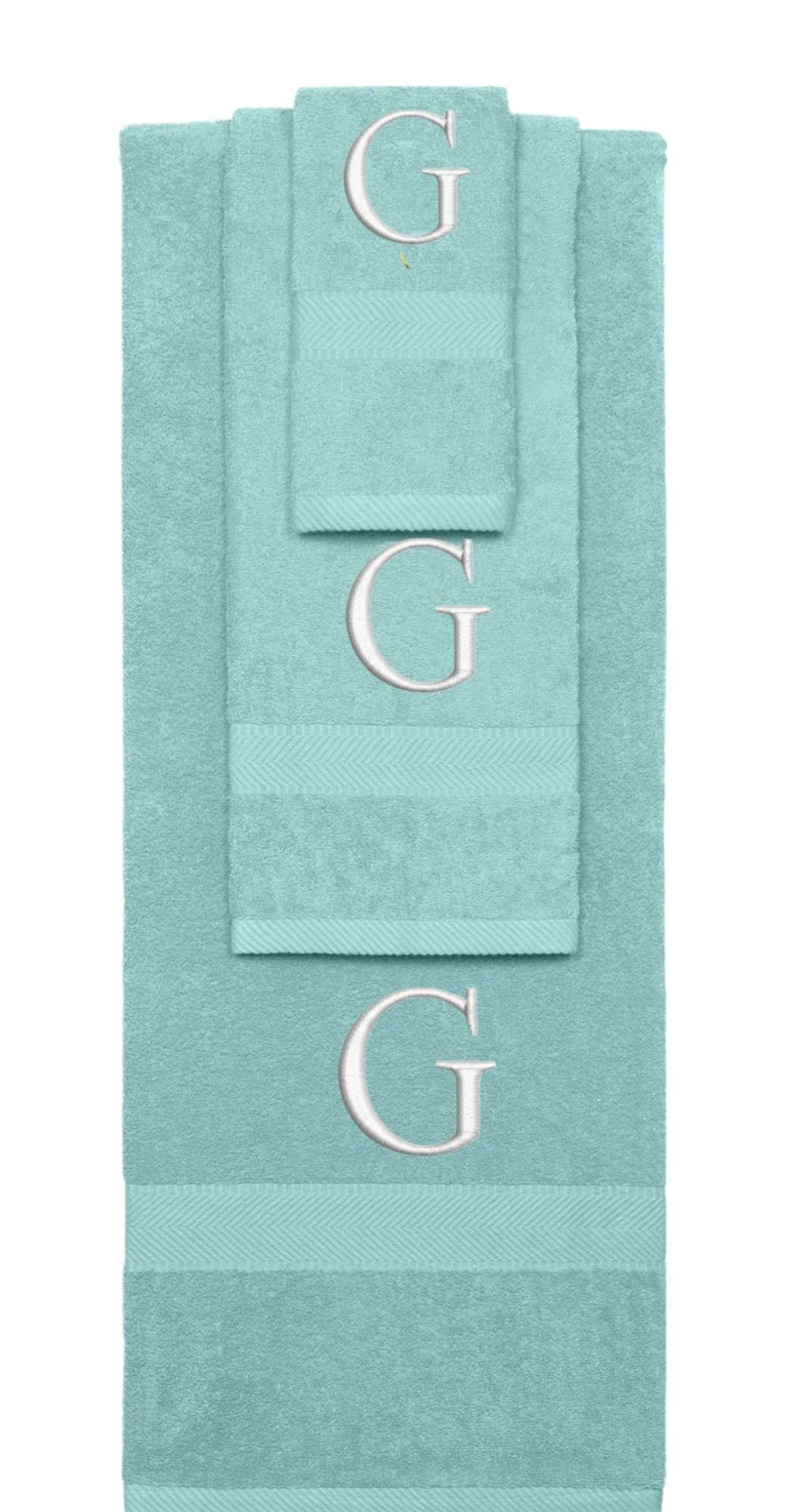 Nautical Teal monogrammed towel set with Silver thread, Times New Roman font, initial G - 540 GSM cotton 3-piece