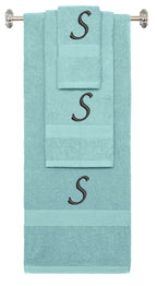 Nautical Teal monogrammed towel set with Black thread, Chancery font, initial S - 540 GSM cotton 3-piece