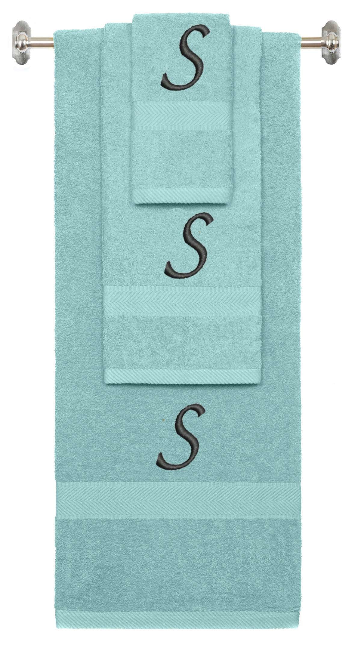 Nautical Teal monogrammed towel set with Black thread, Chancery font, initial S - 540 GSM cotton 3-piece