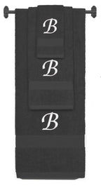 Charcoal monogrammed towel set with White thread, Chancery font, initial B - 540 GSM cotton 3-piece
