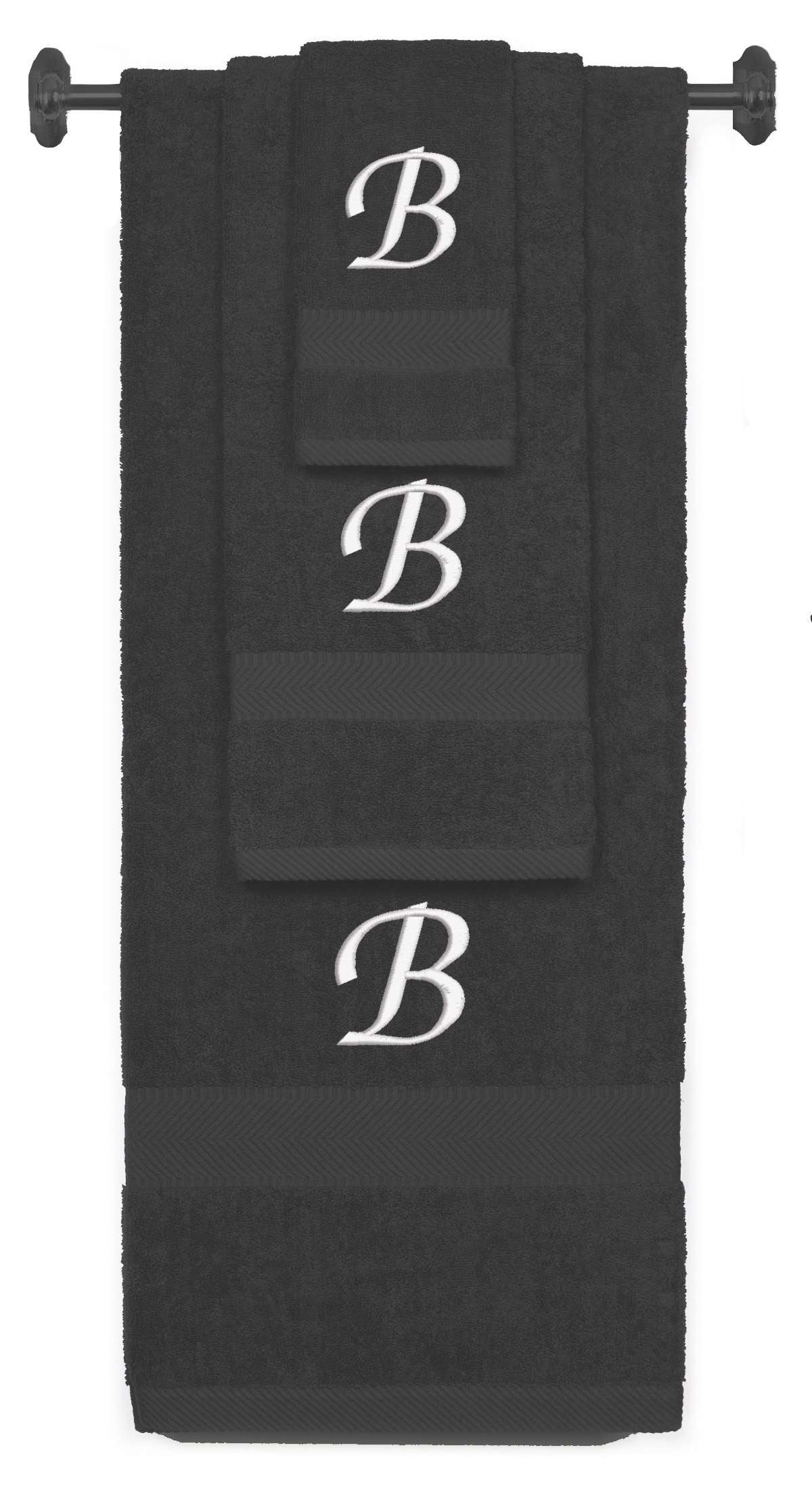 Charcoal monogrammed towel set with White thread, Chancery font, initial B - 540 GSM cotton 3-piece