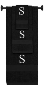 Black monogrammed towel set with Silver thread, Times New Roman font, initial S - 540 GSM cotton 3-piece
