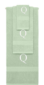 Mint Green monogrammed towel set with White thread, Times New Roman font, initial Q - 540 GSM cotton 3-piece