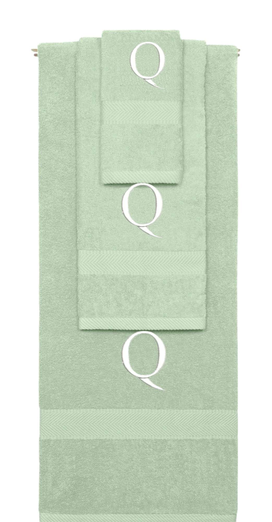 Mint Green monogrammed towel set with White thread, Times New Roman font, initial Q - 540 GSM cotton 3-piece