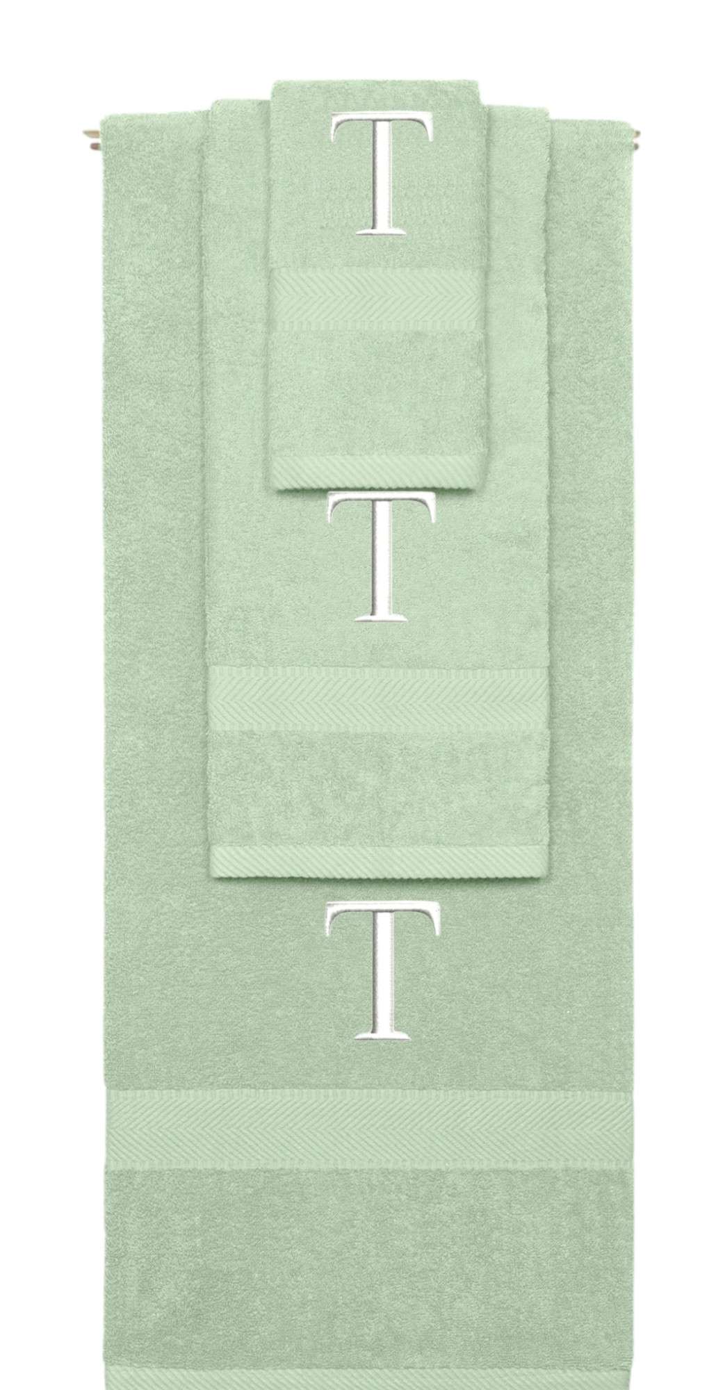 Mint Green monogrammed towel set with White thread, Times New Roman font, initial T - 540 GSM cotton 3-piece