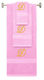 Pink monogrammed towel set with Gold thread, Diana Script font, initial D - 540 GSM cotton 3-piece