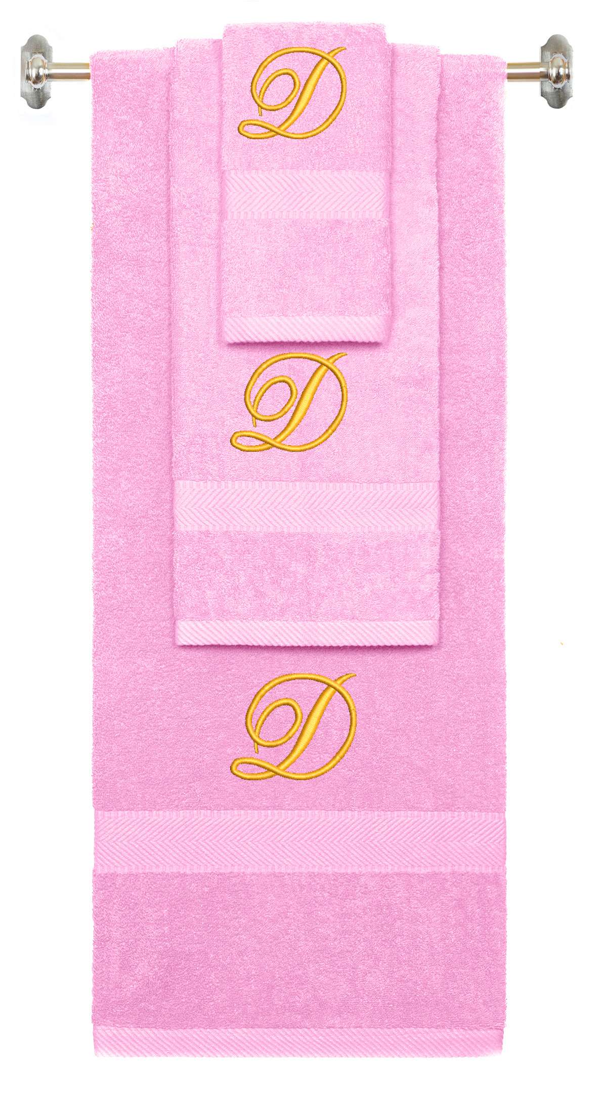 Pink monogrammed towel set with Gold thread, Diana Script font, initial D - 540 GSM cotton 3-piece