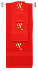 Red monogrammed towel set with Gold thread, Chancery font, initial R - 540 GSM cotton 3-piece