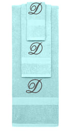 Nautical Teal monogrammed towel set with Black thread, Diana Script font, initial D - 540 GSM cotton 3-piece