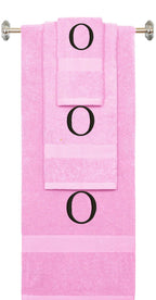Pink monogrammed towel set with Black thread, Times New Roman font, initial O - 540 GSM cotton 3-piece