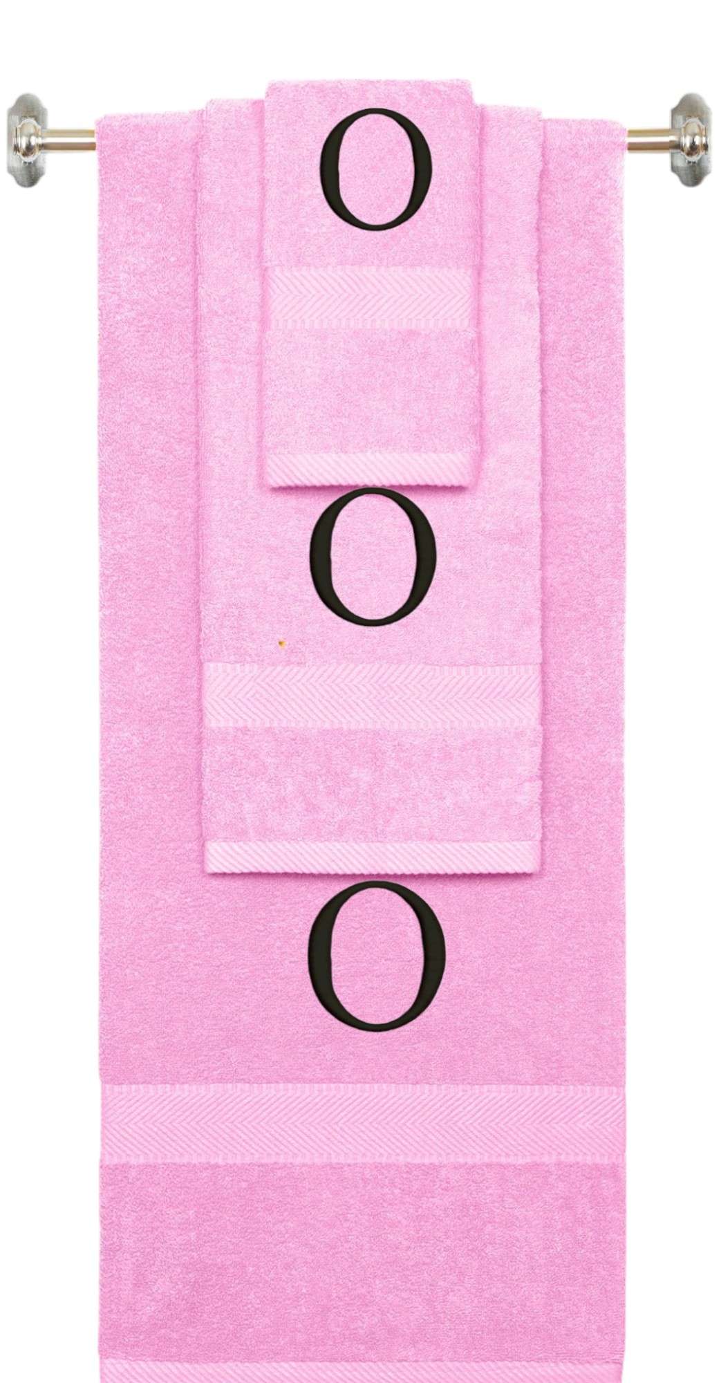 Pink monogrammed towel set with Black thread, Times New Roman font, initial O - 540 GSM cotton 3-piece