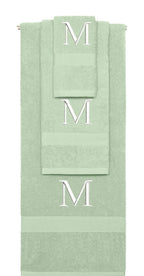 Mint Green monogrammed towel set with White thread, Times New Roman font, initial M - 540 GSM cotton 3-piece