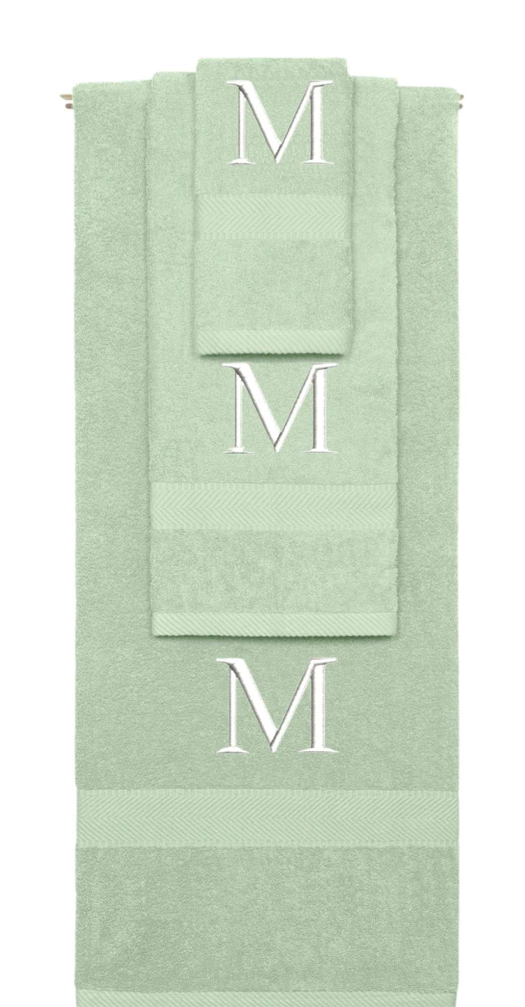 Mint Green monogrammed towel set with White thread, Times New Roman font, initial M - 540 GSM cotton 3-piece