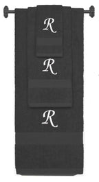 Charcoal monogrammed towel set with White thread, Chancery font, initial R - 540 GSM cotton 3-piece