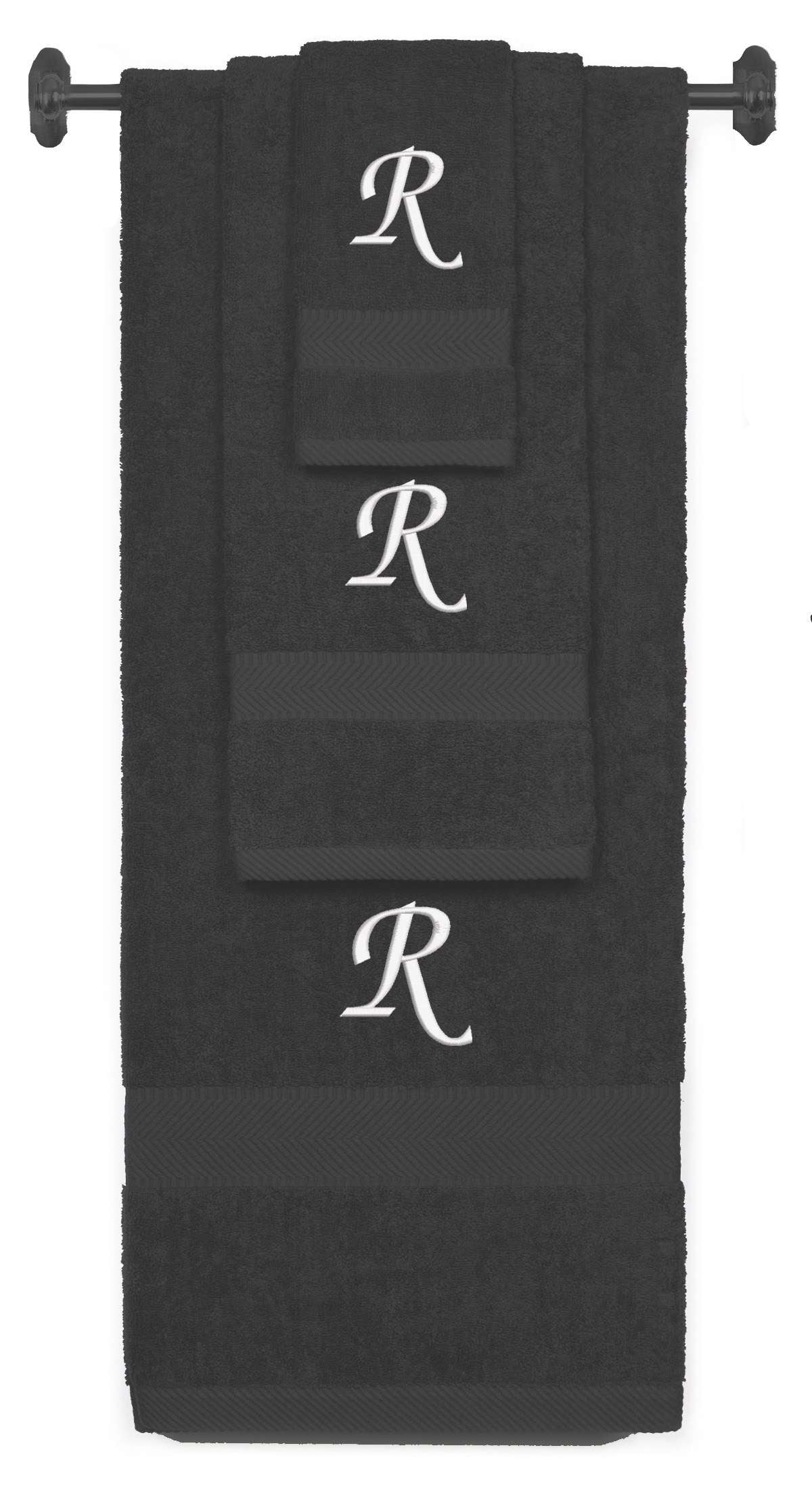 Charcoal monogrammed towel set with White thread, Chancery font, initial R - 540 GSM cotton 3-piece