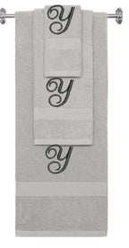 Silver monogrammed towel set with Black thread, Diana Script font, initial Y - 540 GSM cotton 3-piece
