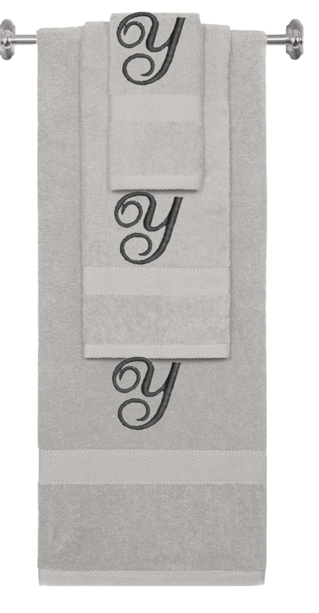 Silver monogrammed towel set with Black thread, Diana Script font, initial Y - 540 GSM cotton 3-piece