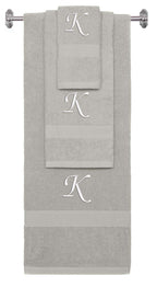 Silver monogrammed towel set with White thread, Chancery font, initial K - 540 GSM cotton 3-piece