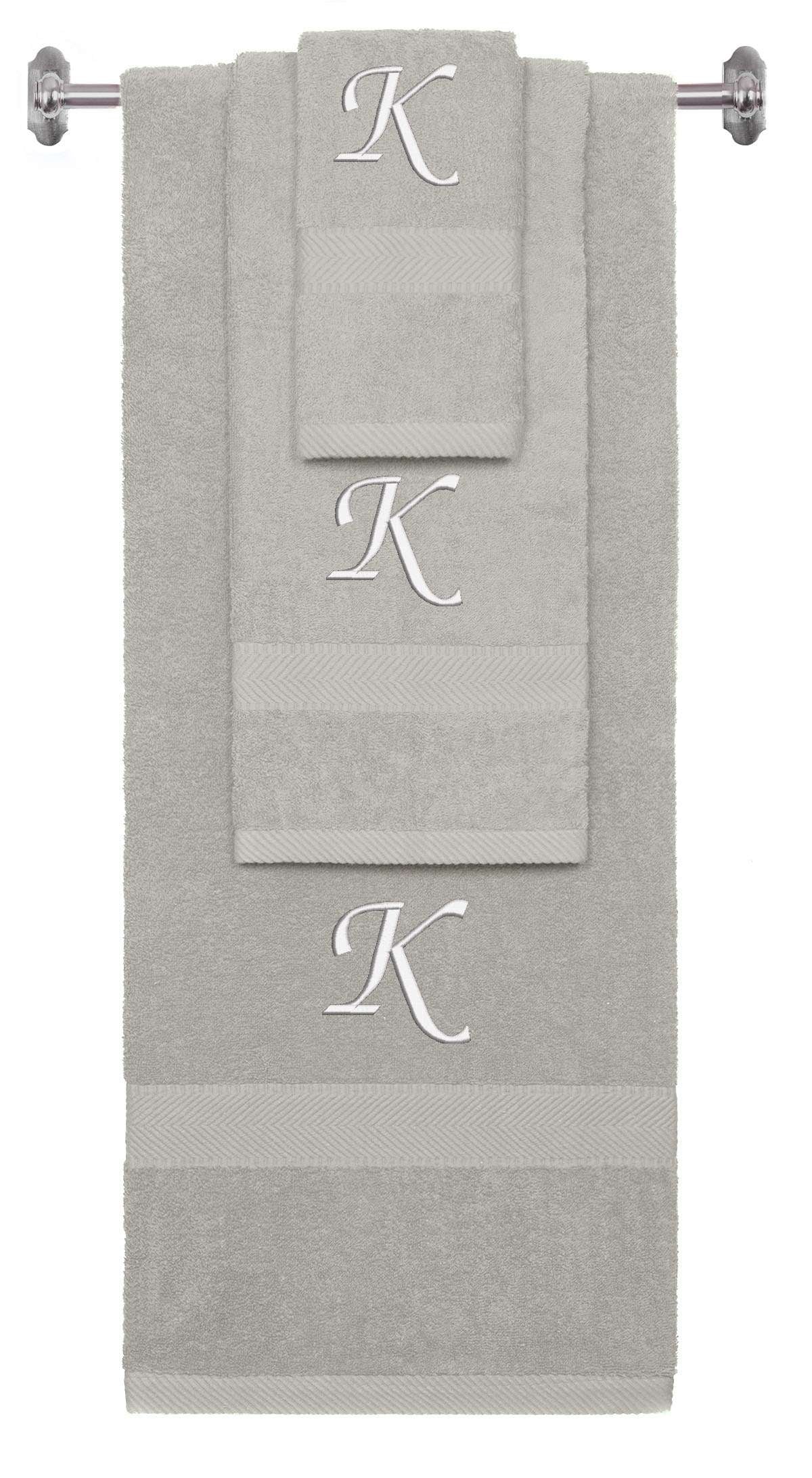 Silver monogrammed towel set with White thread, Chancery font, initial K - 540 GSM cotton 3-piece
