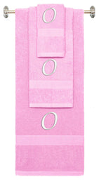 Pink monogrammed towel set with White thread, Chancery font, initial O - 540 GSM cotton 3-piece