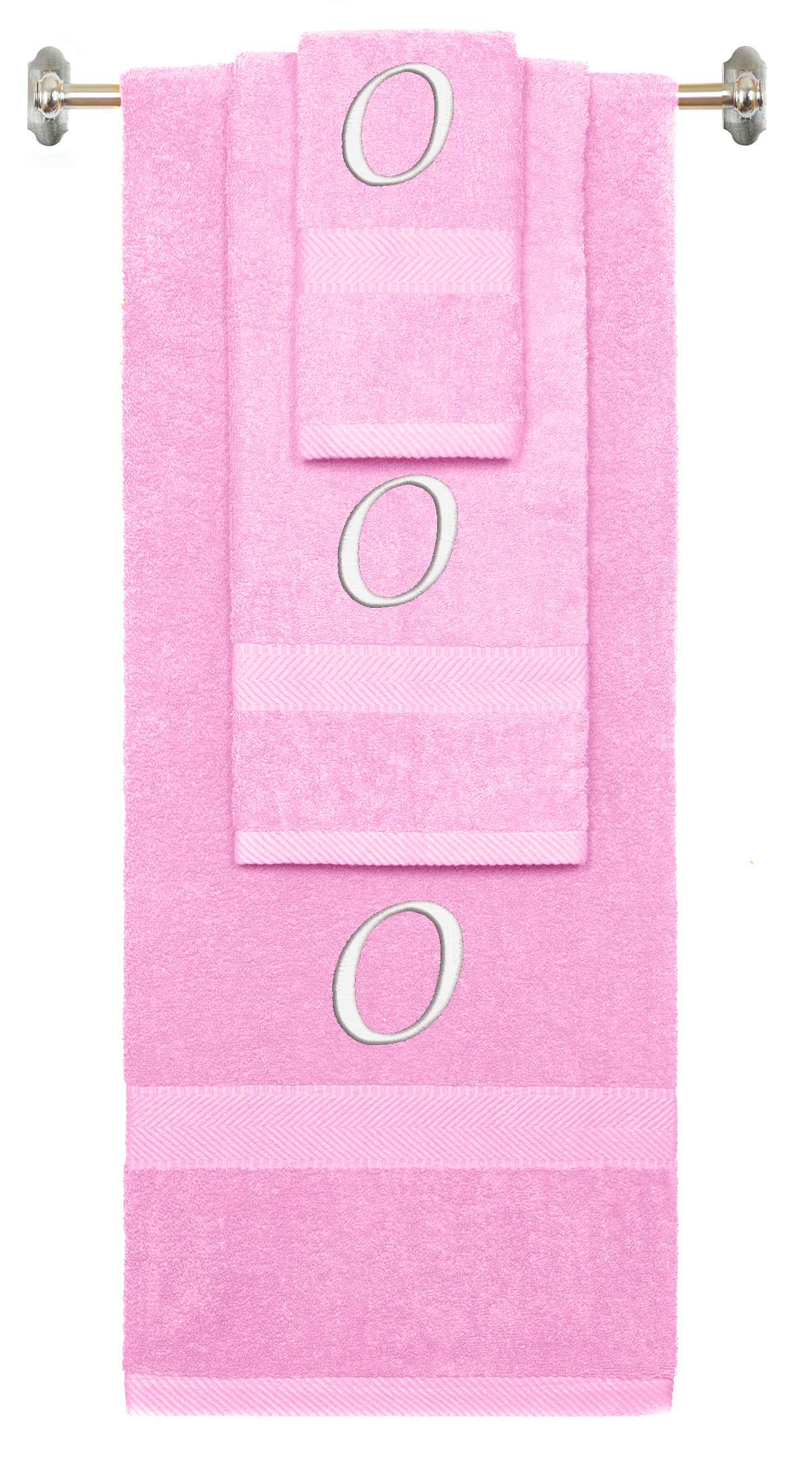 Pink monogrammed towel set with White thread, Chancery font, initial O - 540 GSM cotton 3-piece