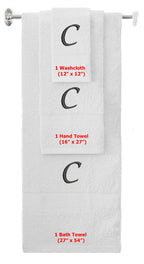 White monogrammed towel set with Black thread, Chancery font, initial C - 540 GSM cotton 3-piece