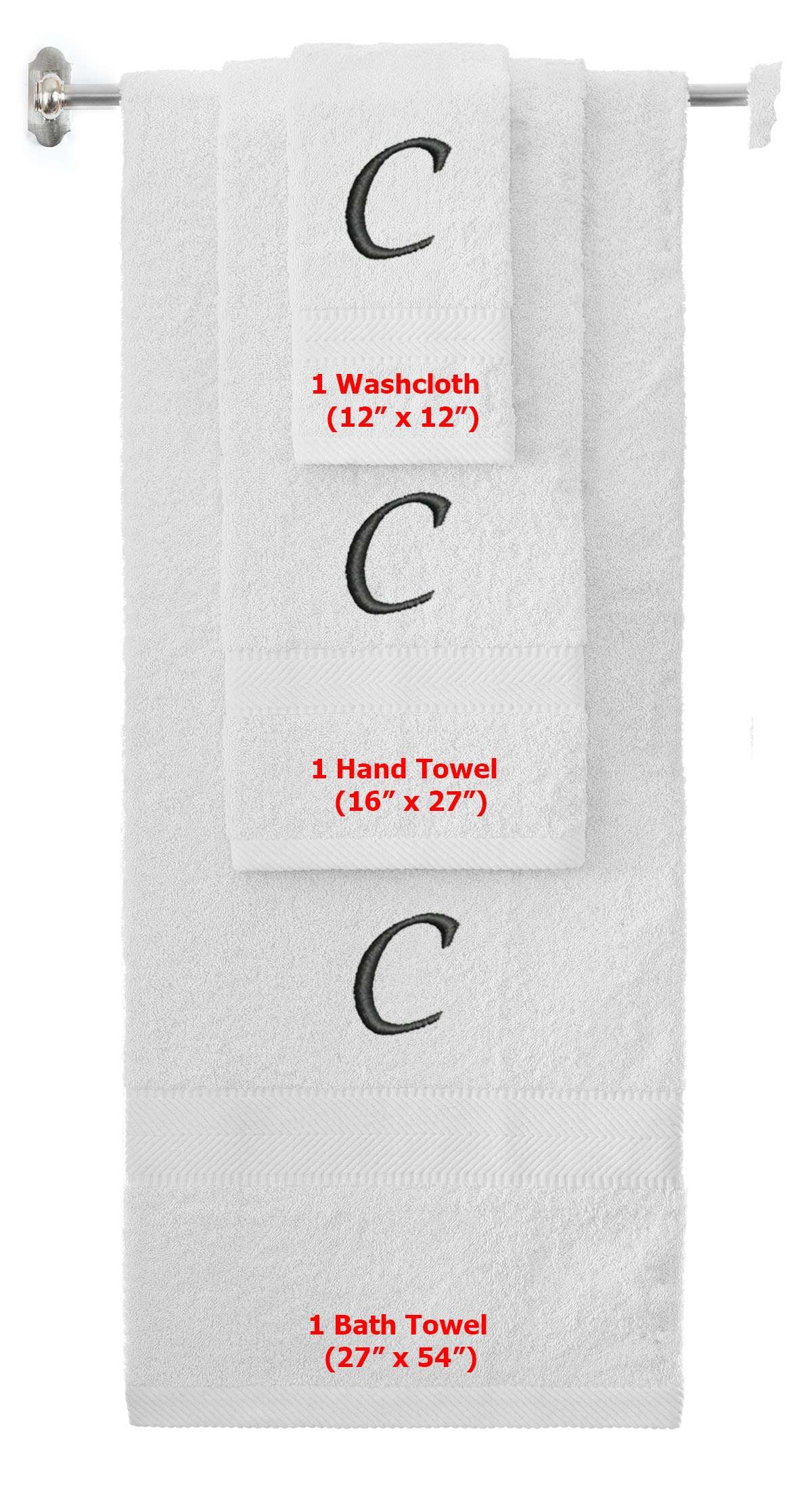 White monogrammed towel set with Black thread, Chancery font, initial C - 540 GSM cotton 3-piece
