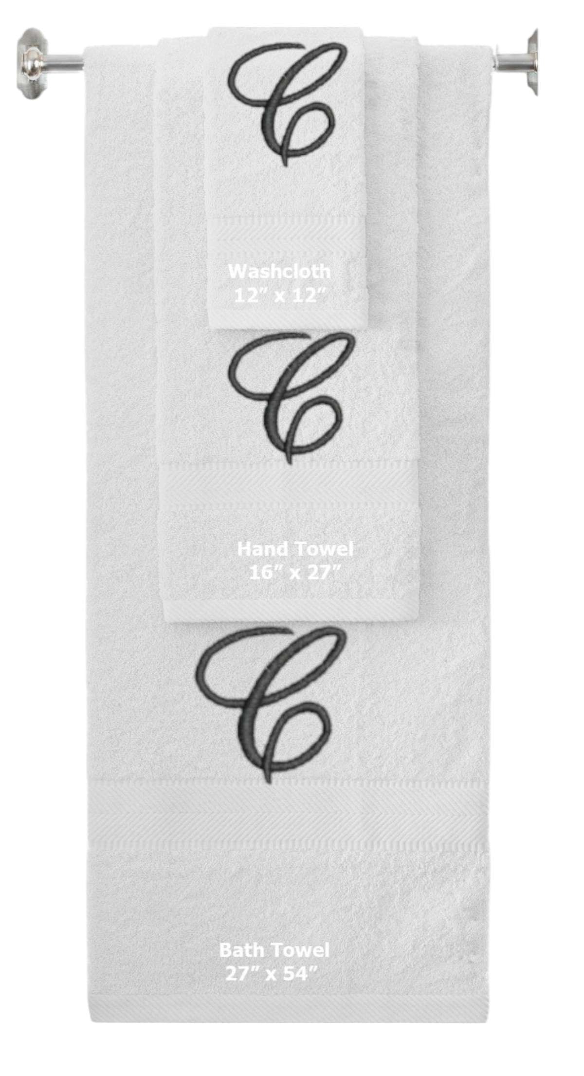 White monogrammed towel set with Black thread, Diana Script font, initial C - 540 GSM cotton 3-piece