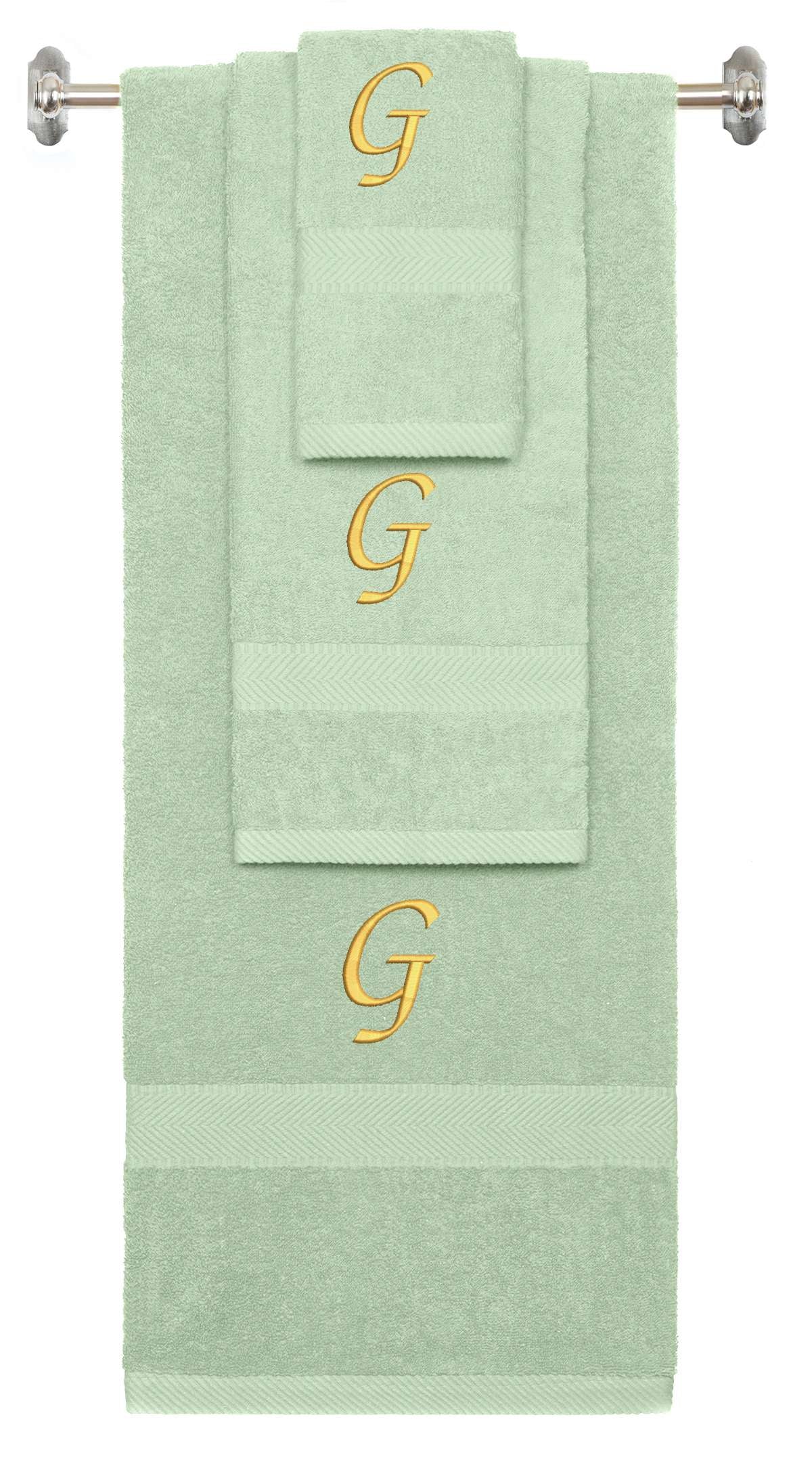 Mint Green monogrammed towel set with Gold thread, Chancery font, initial G - 540 GSM cotton 3-piece