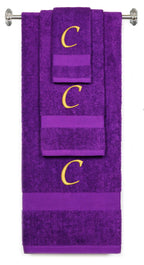 Purple monogrammed towel set with Gold thread, Chancery font, initial C - 540 GSM cotton 3-piece