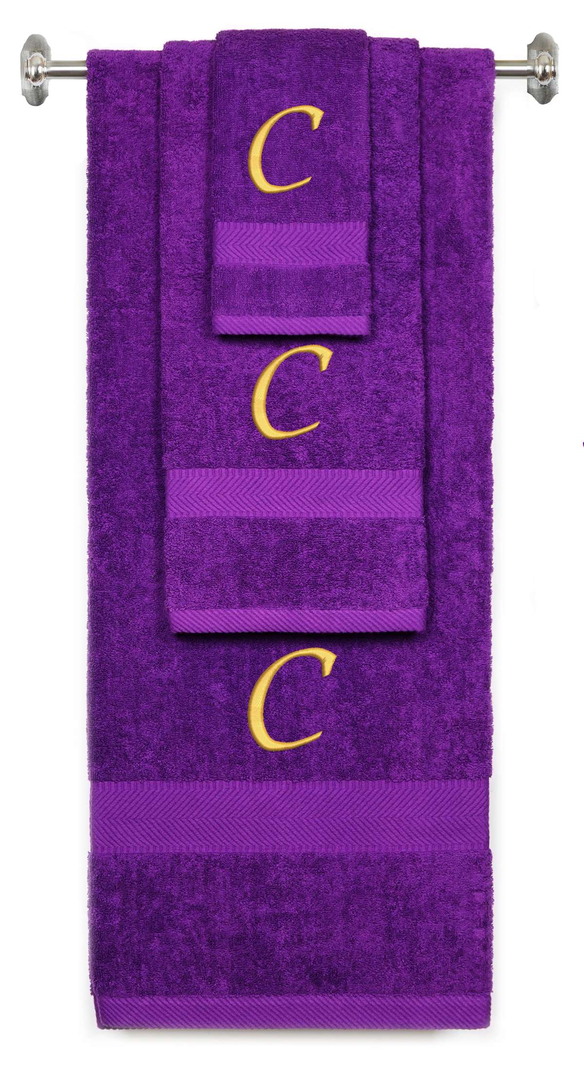 Purple monogrammed towel set with Gold thread, Chancery font, initial C - 540 GSM cotton 3-piece