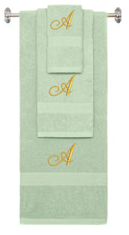 Mint Green monogrammed towel set with Gold thread, Diana Script font, initial A - 540 GSM cotton 3-piece