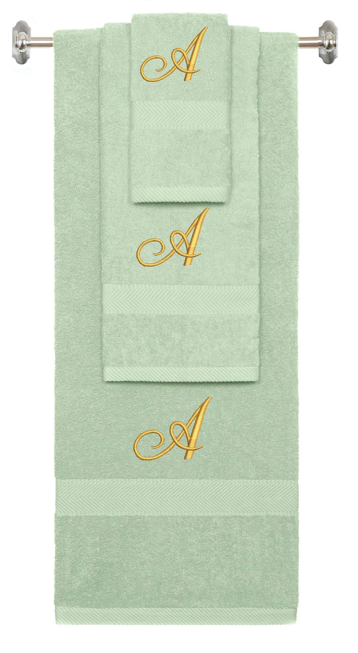 Mint Green monogrammed towel set with Gold thread, Diana Script font, initial A - 540 GSM cotton 3-piece