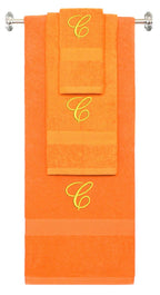 Orange monogrammed towel set with Gold thread, Diana Script font, initial C - 540 GSM cotton 3-piece