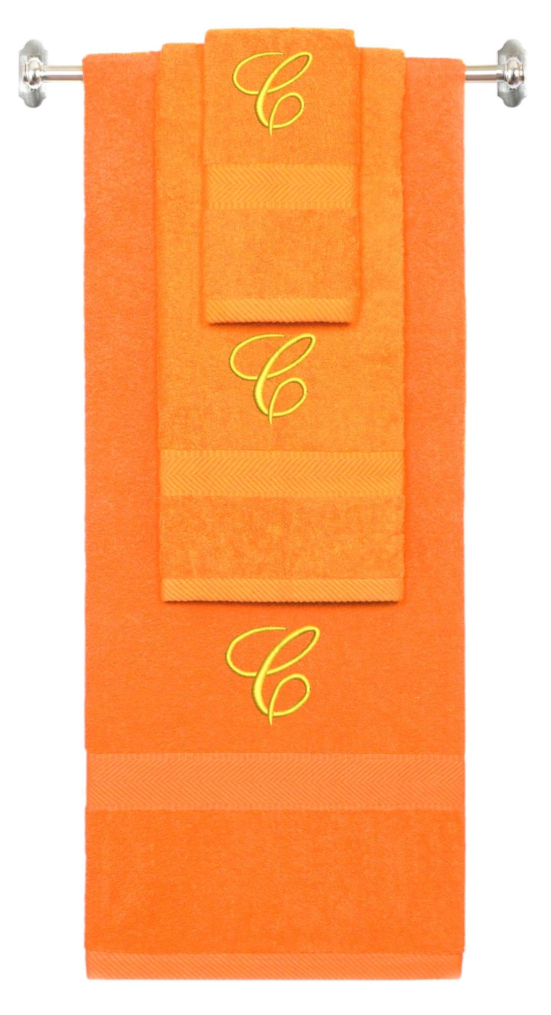 Orange monogrammed towel set with Gold thread, Diana Script font, initial C - 540 GSM cotton 3-piece