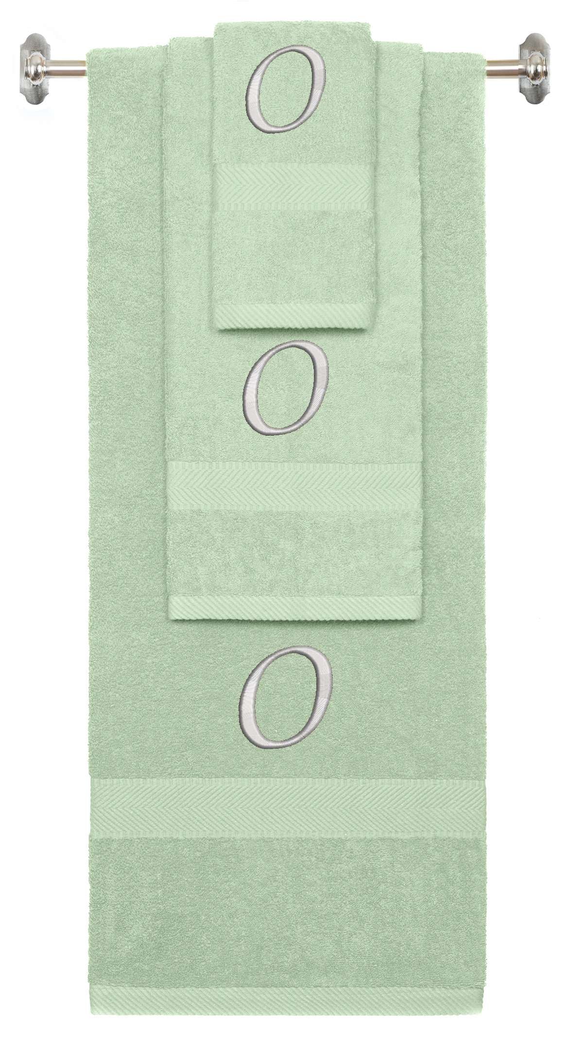 Mint Green monogrammed towel set with Silver thread, Chancery font, initial O - 540 GSM cotton 3-piece