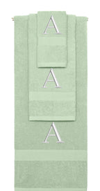 Mint Green monogrammed towel set with Silver thread, Times New Roman font, initial A - 540 GSM cotton 3-piece