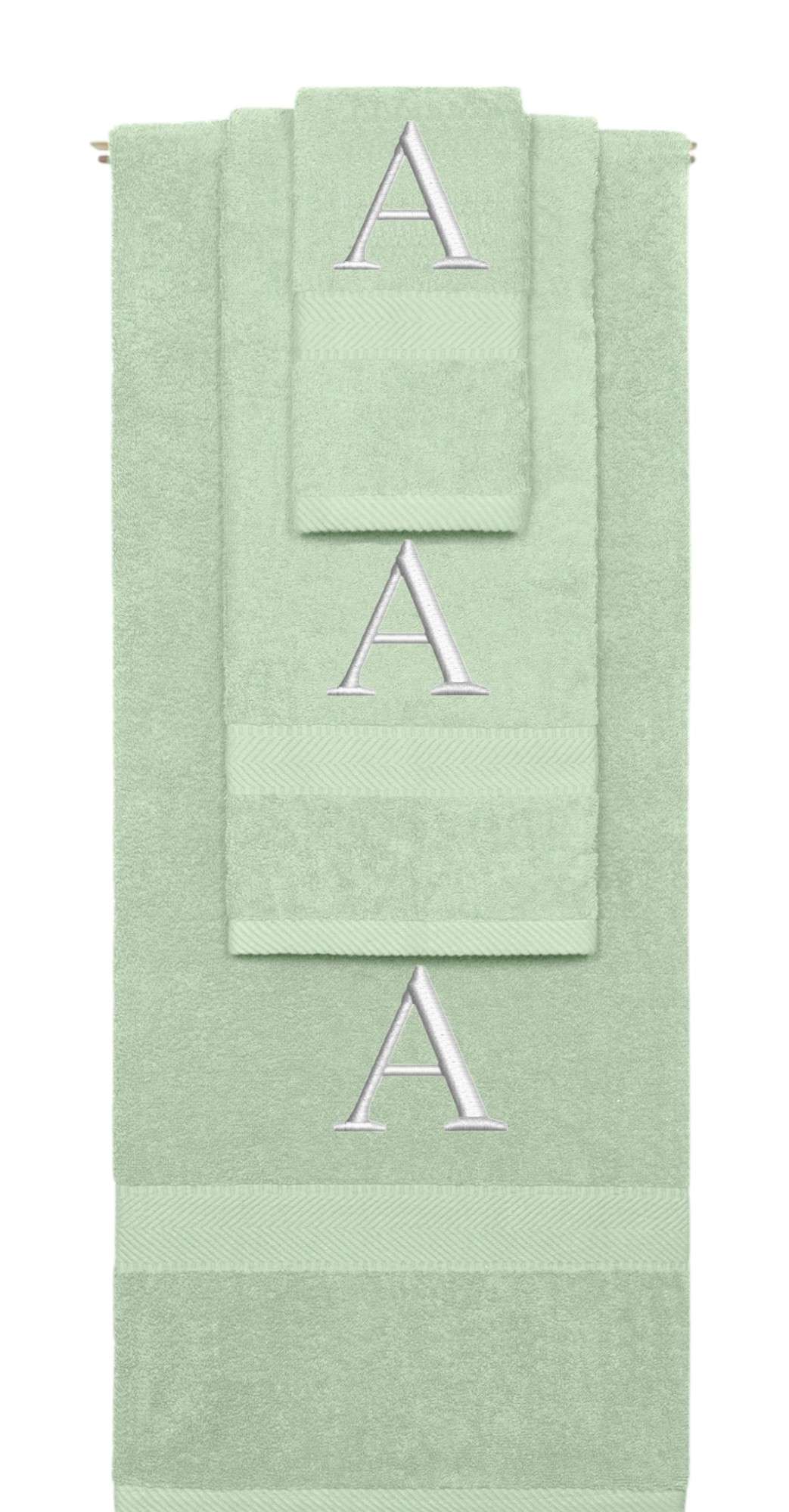 Mint Green monogrammed towel set with Silver thread, Times New Roman font, initial A - 540 GSM cotton 3-piece