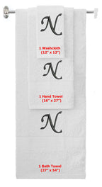 White monogrammed towel set with Black thread, Chancery font, initial N - 540 GSM cotton 3-piece