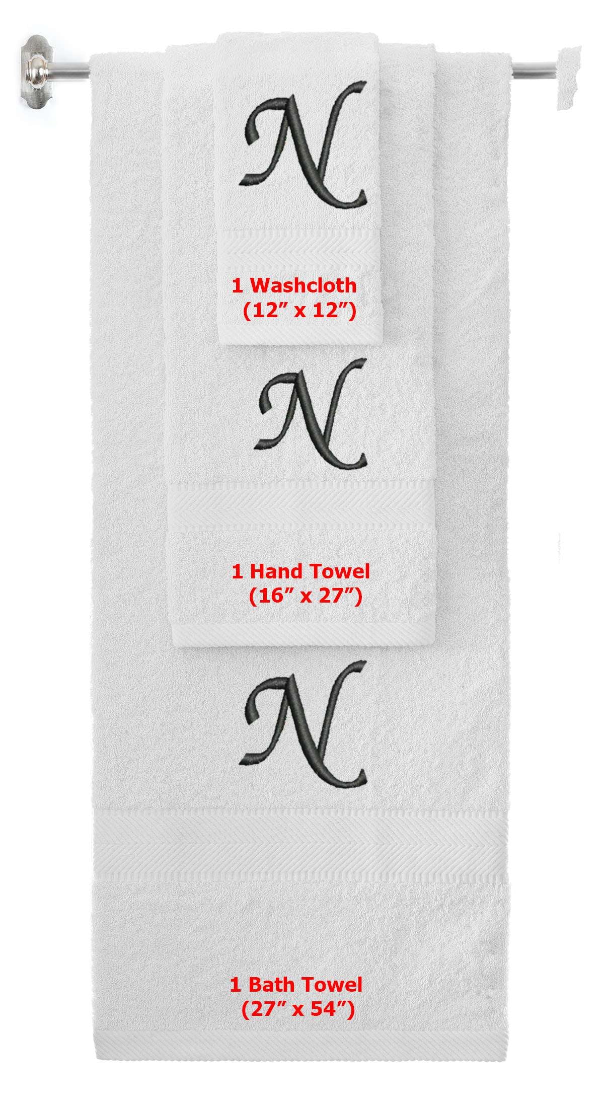 White monogrammed towel set with Black thread, Chancery font, initial N - 540 GSM cotton 3-piece