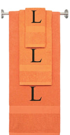 Orange monogrammed towel set with Black thread, Times New Roman font, initial L - 540 GSM cotton 3-piece