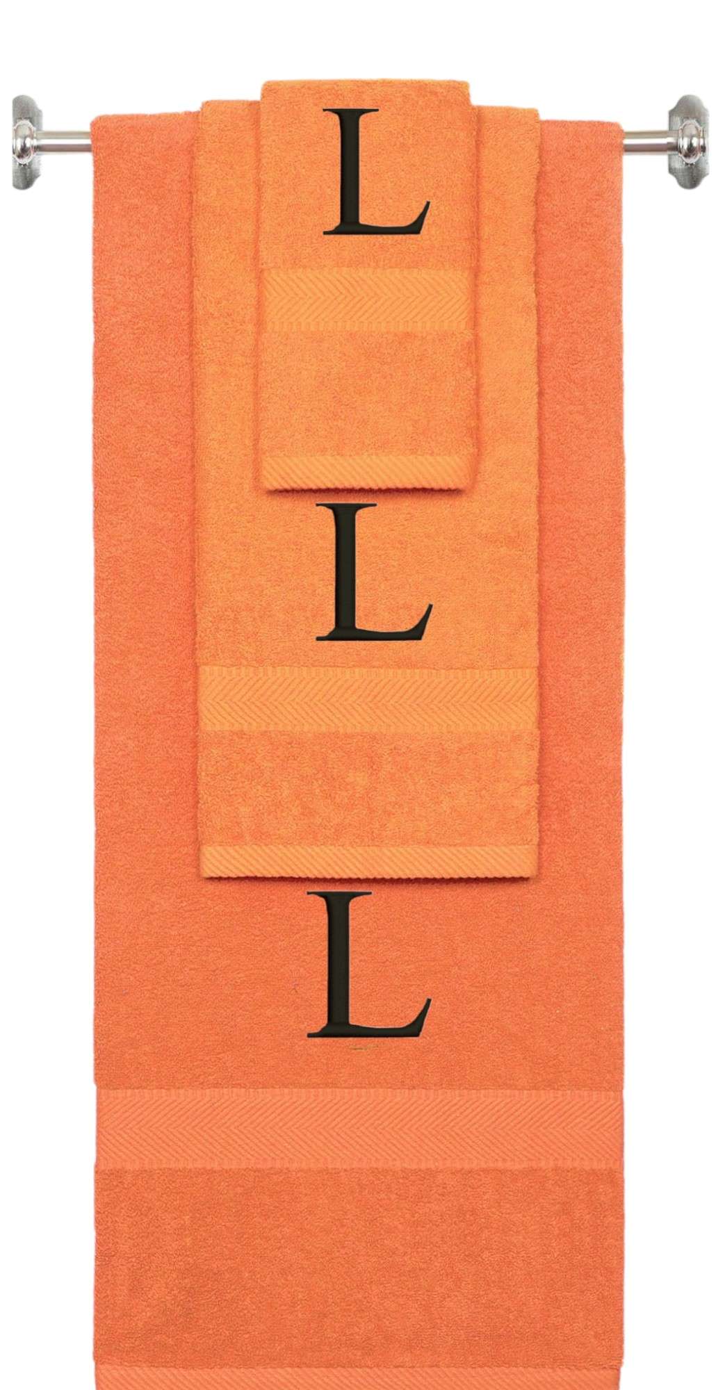 Orange monogrammed towel set with Black thread, Times New Roman font, initial L - 540 GSM cotton 3-piece