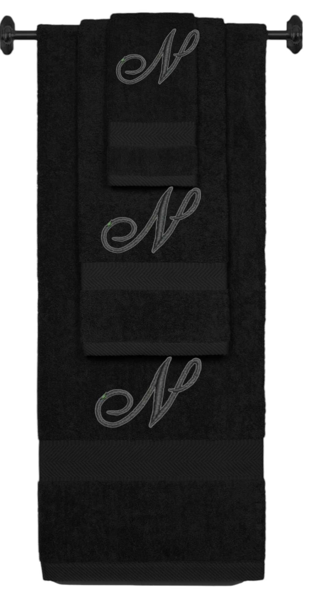 Black monogrammed towel set with Black thread, Diana Script font, initial N - 540 GSM cotton 3-piece