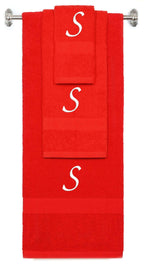 Red monogrammed towel set with White thread, Chancery font, initial S - 540 GSM cotton 3-piece